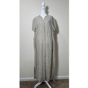 POET 100% Linen Maxi Shirt Dress Beige Button Front Short Sleeve Women US 12